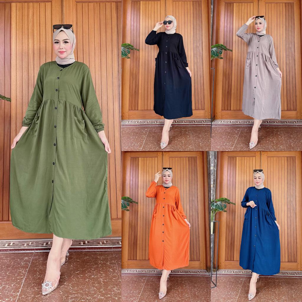 Gamis Kancing Polos Saku Rayon