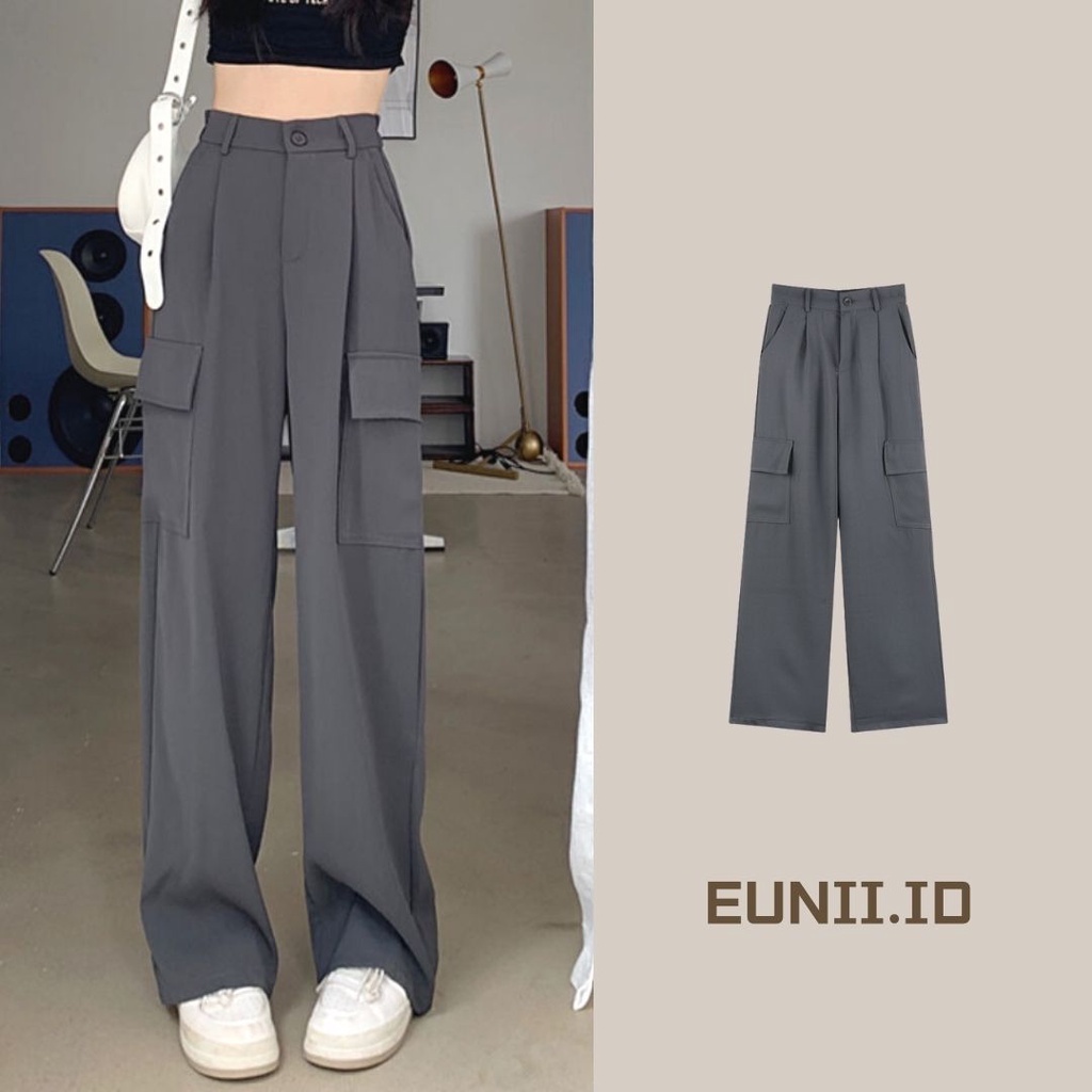 EUNII Korean Style Celana Kulot Hitam Loose Highwaist Kekinian Terbaru Celana Panjang Straight Pants