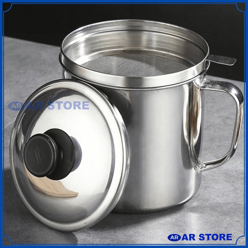 Wadah Saringan Minyak 1.3 Liter Stainless Steel / Oil Pot Filter Anti Karat / Gelas Penyaring Ampas Sisa Minyak Jelantah 1200 ML &amp;1300 ML Anti Tumpah AR STORE1688