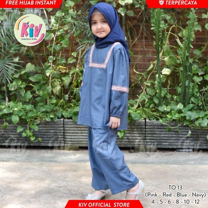 KIV TO 13 Tunik Anak Perempuan Katun Renda Etnik Set Celana FREE HIJAB