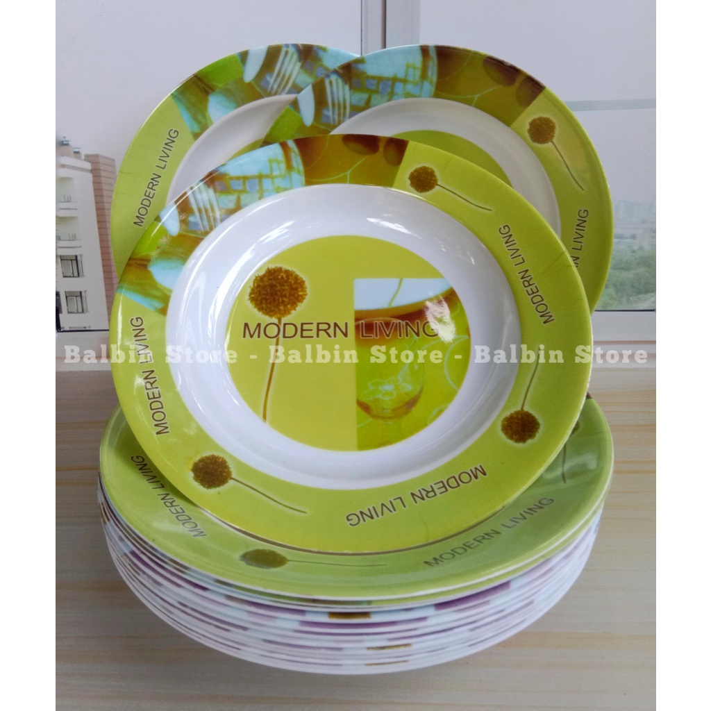 SATU LUSIN | 12 PCS PIRING MAKAN MELAMINE BESAR 23.CM | 9.INCH HIJAU MOTIF KUALITAS FOOD GRADE