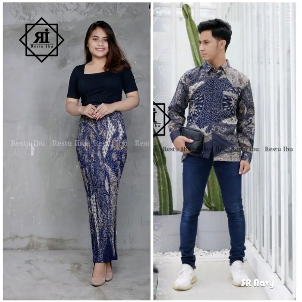 Restu Colletion Stelan Couple Kemeja Lengan Panjang  Pria Dan Rok Plisket Wanita Motif SR Nevy Batik Cocok Untuk Acara Nikahan Kondangan Tunangan Wisuda Bawahan Kebaya Kantoran Perpisahan Kerja/Acara Besar Lainnya Bahan Premium