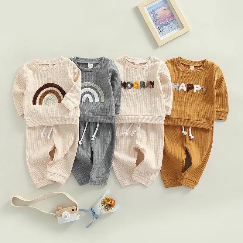 MINIMOLA One Set Bordir Jogger Anak Sweater Knit Waffle Piyama Unisex Setelan Bayi Baju Celana Setcel Laki-laki Perempuan