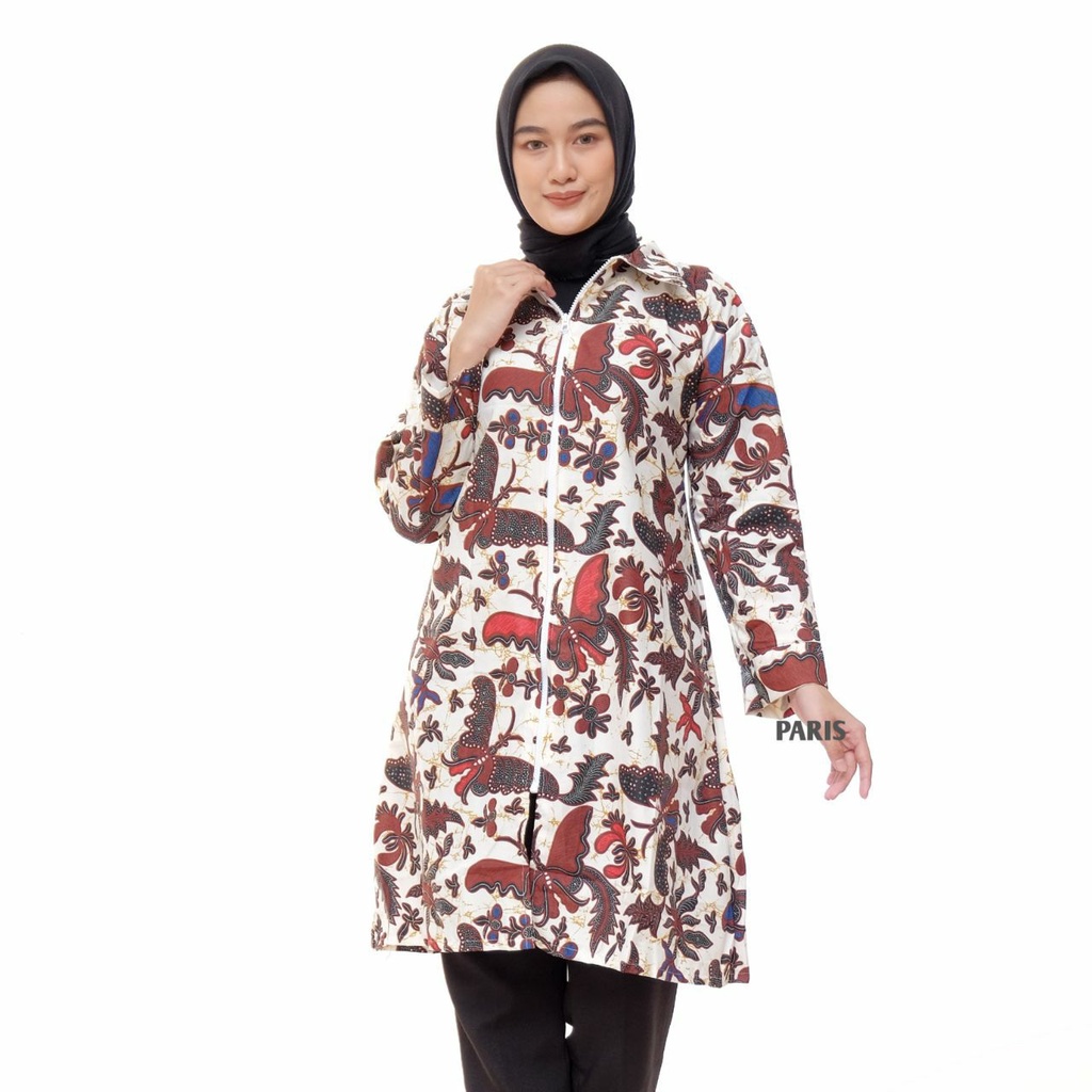 Baju Batik Wanita Zipper Jumbo Kekinian Lengan Panjang Tunik Batik Terbaru Katun Primis Unggul Jaya