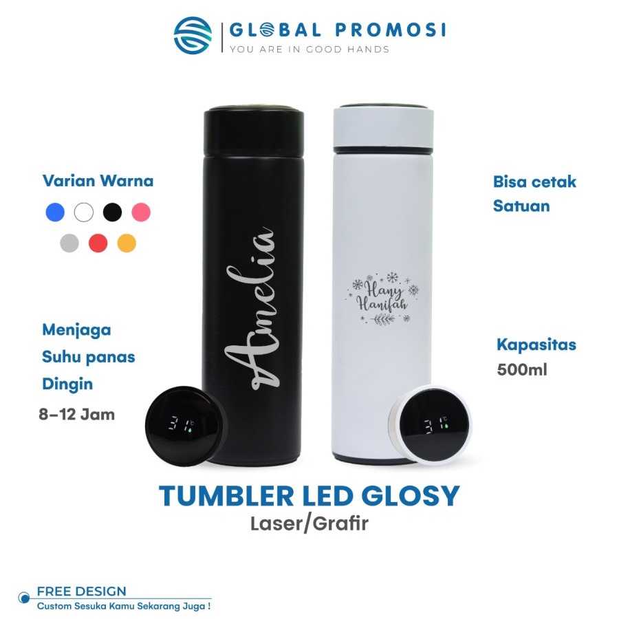 Tumbler Custom Smart Led Glossy Suhu Temperatur Botol Air Minum Stainless Cetak Laser Grafir Nama / Logo Souvenir/promosi