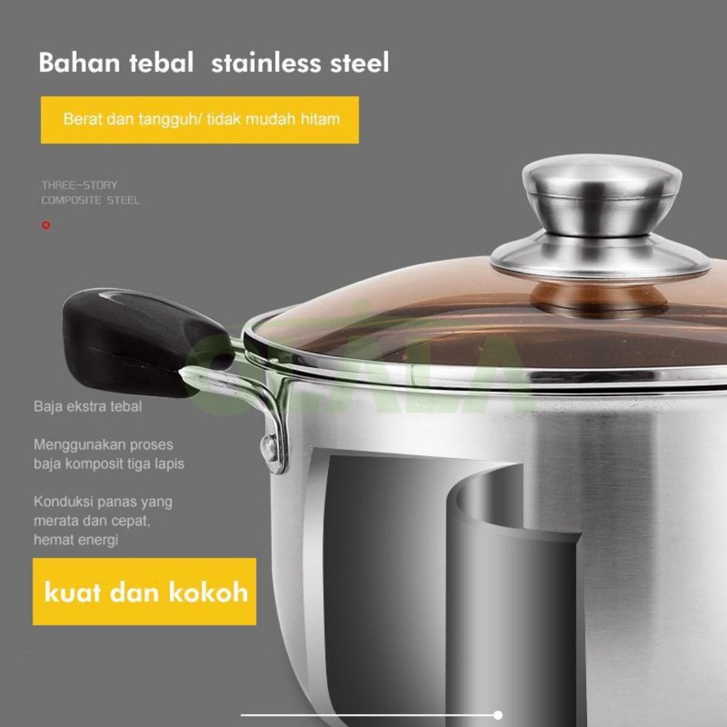 PANCI BUNGA SET 4 SUSUN STAINLESS STEEL TUTUP KACA SOUP POT MULTIFUNGSI OLL-CH4619