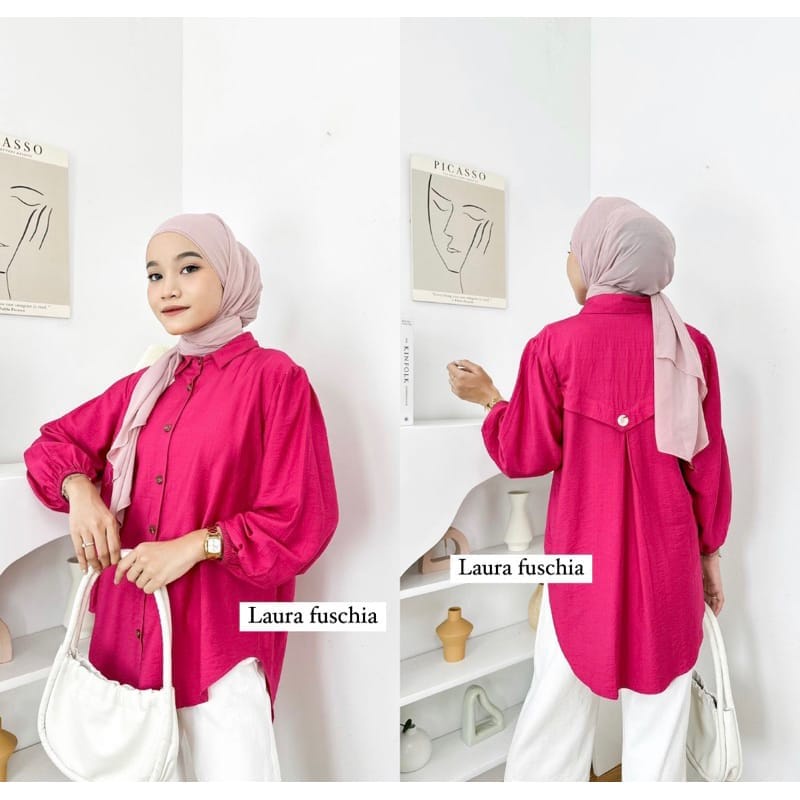 Laura Blouse Pollo Linen Blouse Kancing Kemeja Wanita Kerja
