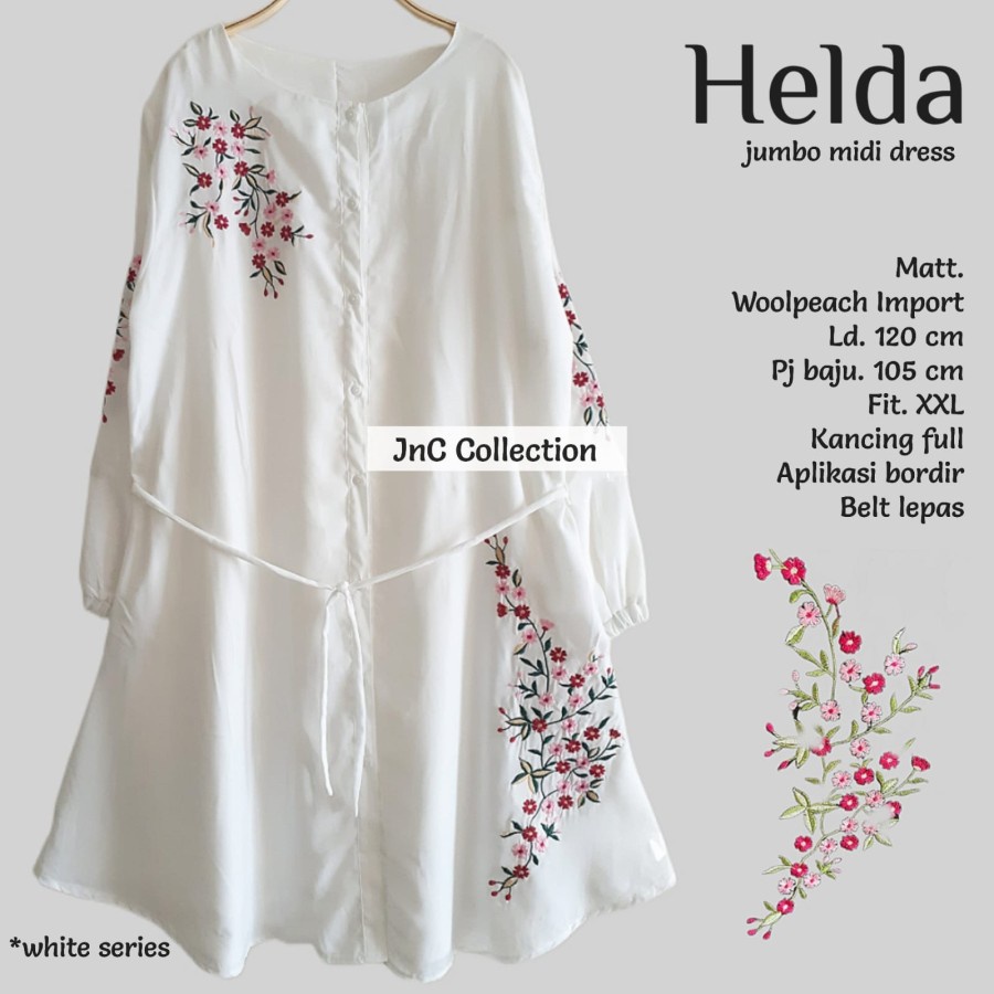 DRESS JUMBO WANITA BORDIR BUNGA LD 120 - HELDA MIDI DRESS - Putih tunik salur wanita / tunik korea salur vneck / tunik cantika