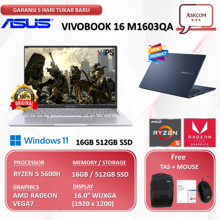 Laptop ASUS VIVOBOOK 16 M1603QA RYZEN 5 5600H 16GB 512GB SSD VEGA7 W11 OHS 16.0WUXGA BLIT