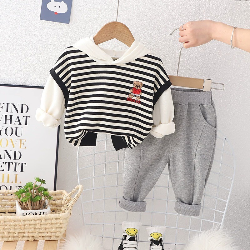 Baju Setelan anak unisex MOTIF SALUR HITAM PUTIH BRAVE usia 6 bulan - 5 tahun bahan premium impor-babylovanta