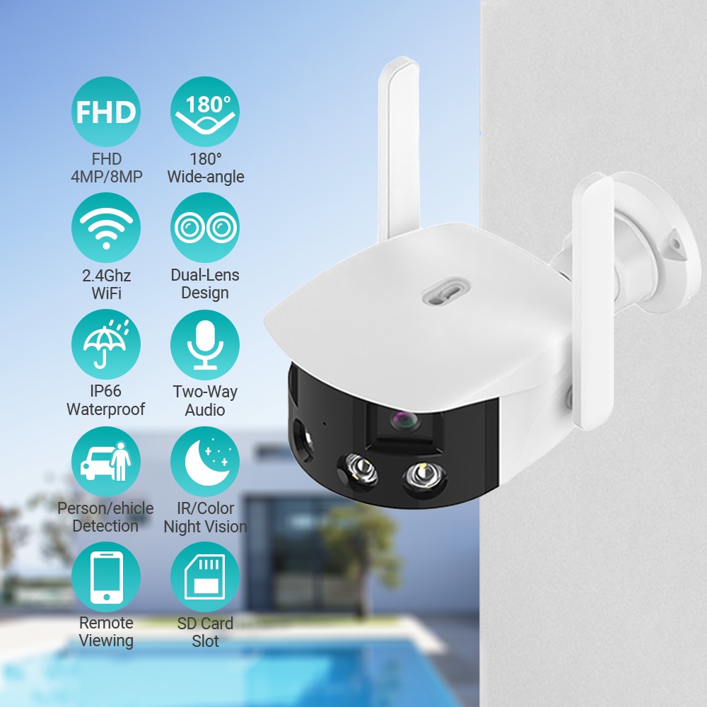 Hamrol 8MP 4K Dual Lens Wide Angle 180° Wifi IP Camera Outdoor Full Color Night Vision Ai Human Detect CCTV Security Camera