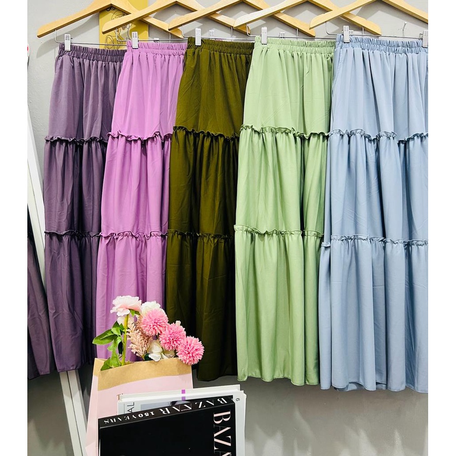 Cherry_ rok rempel beraksen 3 susun | ruffle long skirt korean style | rok panjang wanita