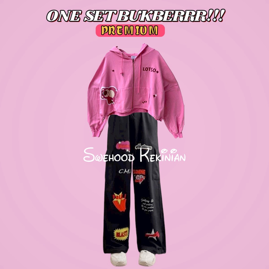 ONE SET LOTSO BEAR PINK ZIPPER + BLAST KULOT PREMIUM Setelan Baju Atasan dan Celana Panjang Wanita Kekinian Fashion Outfit Korean Style Bahan Fleece Tebal