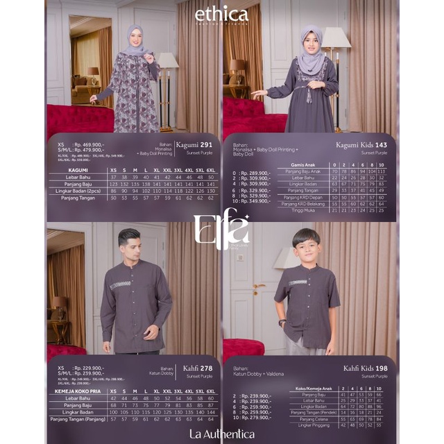 Ethica Elfa 291 Sunset Purple Kagumi 291 Kahfi 278 Kagumi Kids 143 Kahfi Kids 198 Baju Muslim Gamis Sarimbit Keluarga Family Series Terbaru Ori Lebaran 2023