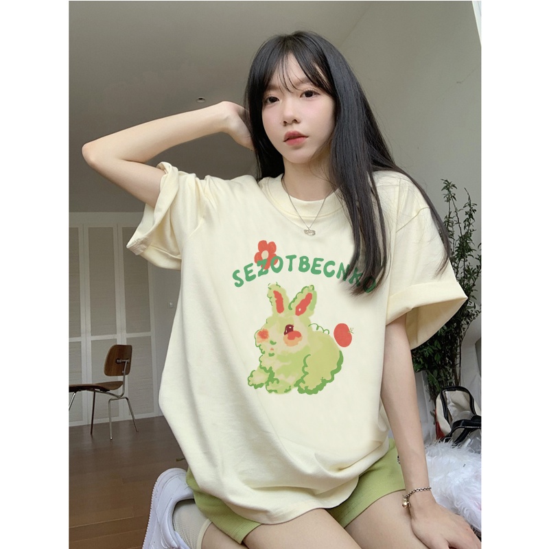 atasan wanita kekinian oversize lengan pendek cartoon rabbit graphic print T-shirt korean style import kaos cream