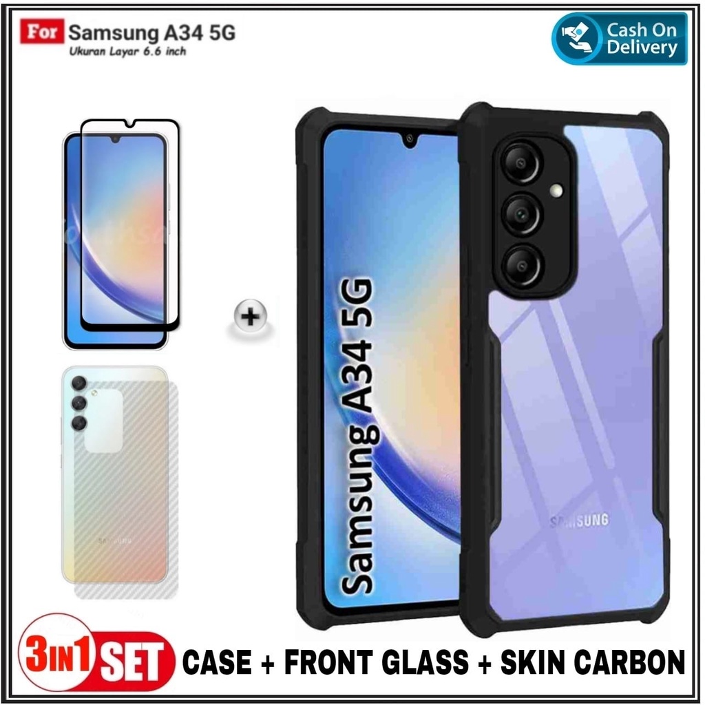 Paket 3IN1 Case Samsung A34 5G, A54 5G Hard Fusion Transparan Case Cover & Tempered Glass Full & Gar