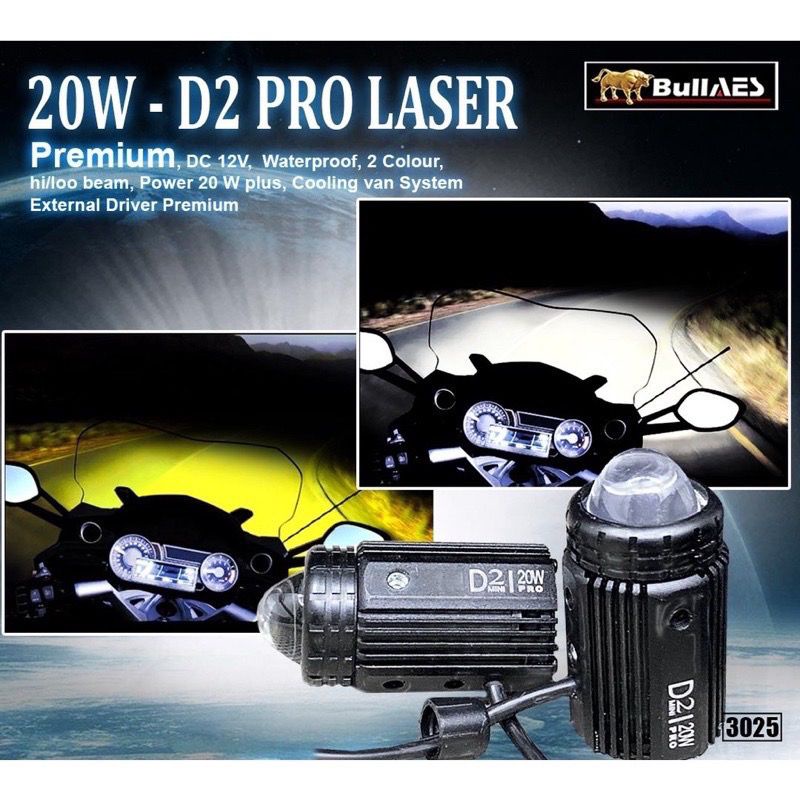 Laser Lampu Tembak D2 Laser 20 Watt 15 watt PRO Laser Output merk BULLAES Lampu tembak Mini Driving Kuning Putih