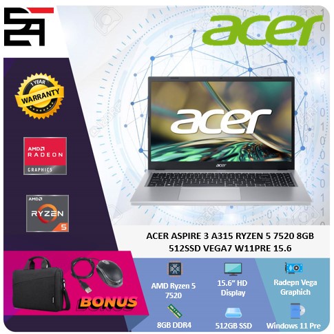Acer Aspire 3 A315 Ryzen 5 7520 RAM 8GB 512SSD VEGA7 Windows 11 PRE 15.6 inchi  Full HD