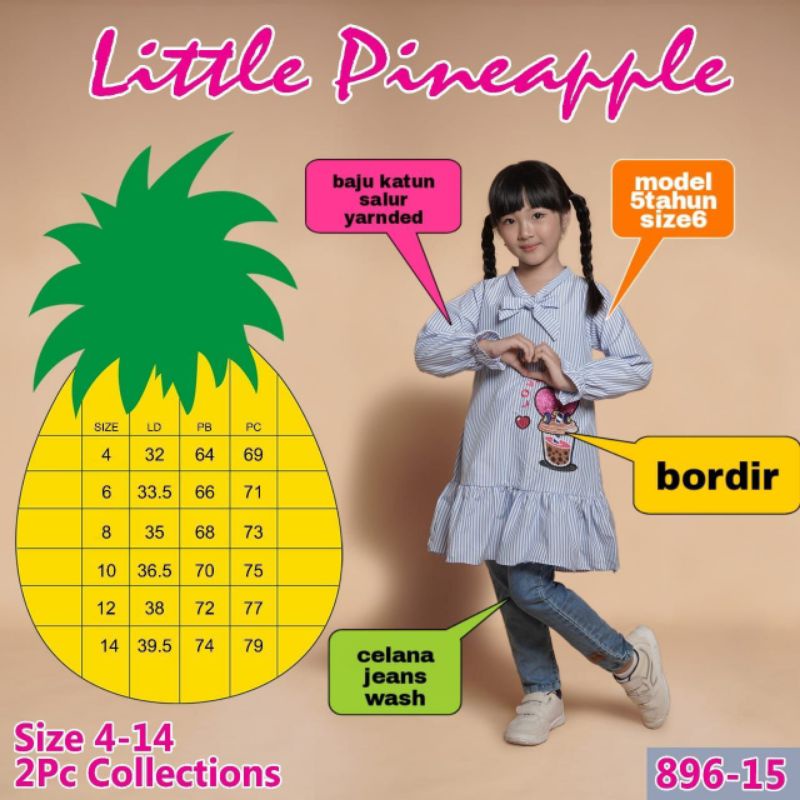 ( LP. 896-15 ) LITTLE PINEAPPLE SETELAN TUNIK BORDIR JEANS No. 4-14