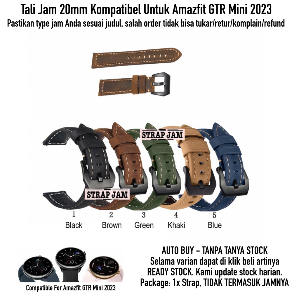 Tali Jam Tangan Amazfit GTR Mini 2023 - Strap 20mm Kulit Leather Tebal Dengan Buckle Hitam