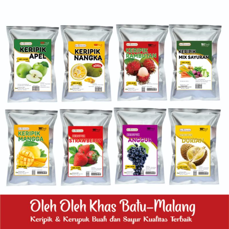 Batu Chocolate - Keripik Buah Apel Nangka isi 50 g - Keripik Sayur - Kerupuk Strawberry Durian - Oleh oleh Khas Malang Batu