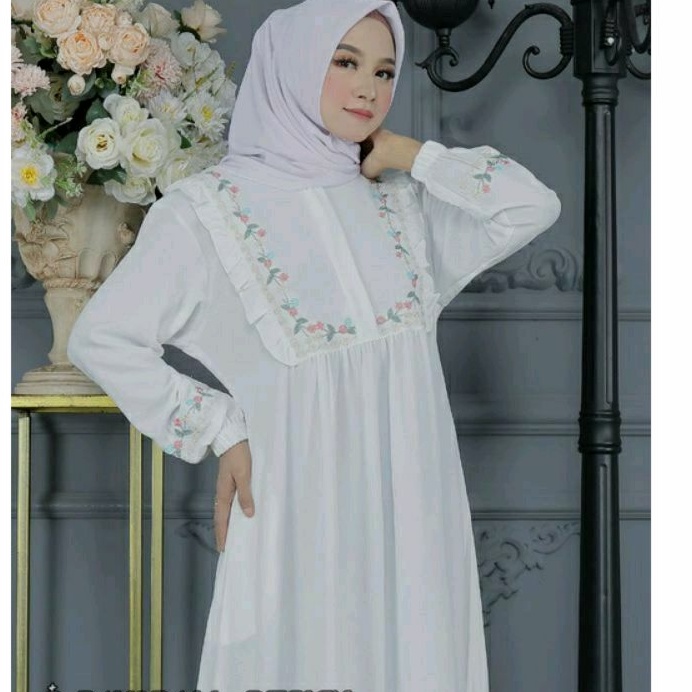 Baju Gamis Crinkel Bordir Putih Muslim Wanita Maxi Premium