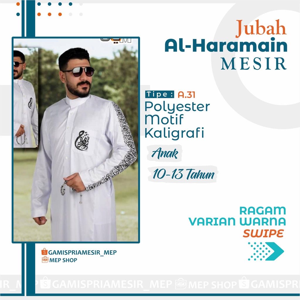 GAMIS PRIA AL HARAMAIN ANAK POLYESTER MOTIF KALIGRAFI IMPORT MESIR ORIGINAL NON MANSET VIETNAM SAUDI