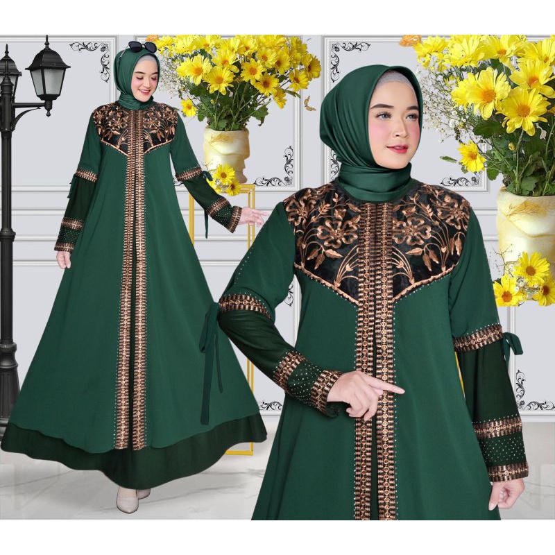 Abaya Hijau Botol Turkey 1342 /Gamis Maxi Dress Arab Saudi Bordir  Mote Swarosky Turki Umroh Dubai I