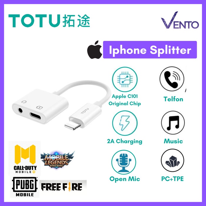 TOTU Iphone Splitter Lightning dan AUX 3.5mm Support Call/Mic dan Cas