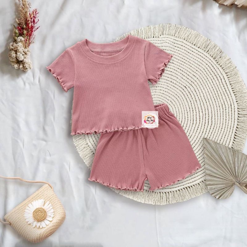One Set Pakaian Anak Perempuan Setelan Baju Anak Perempuan Korean Cruly Tee