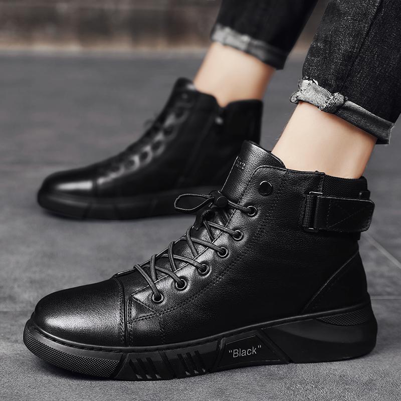 sepatu pria 2022 baru high-top all black leather boots Martin British casual zipper elastic belt sho