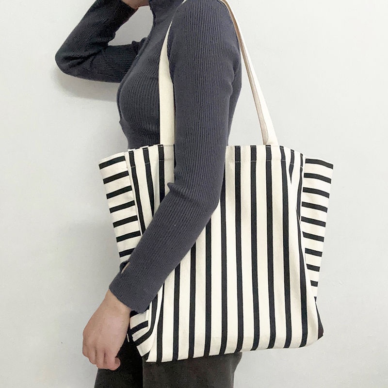 Sera high-value ins lazy wind striped large-capacity canvas bag simple student office worker mother out shopping bag