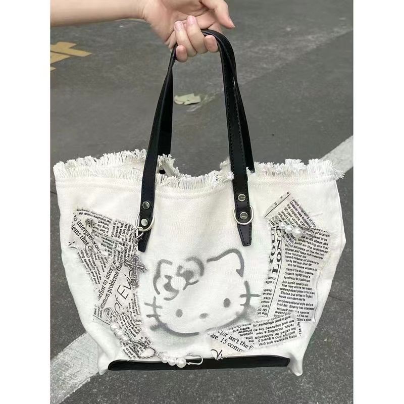 Sera original new kitty cat y2k hot girl embroidery canvas shoulder bag tote bag casual niche cute messenger bag