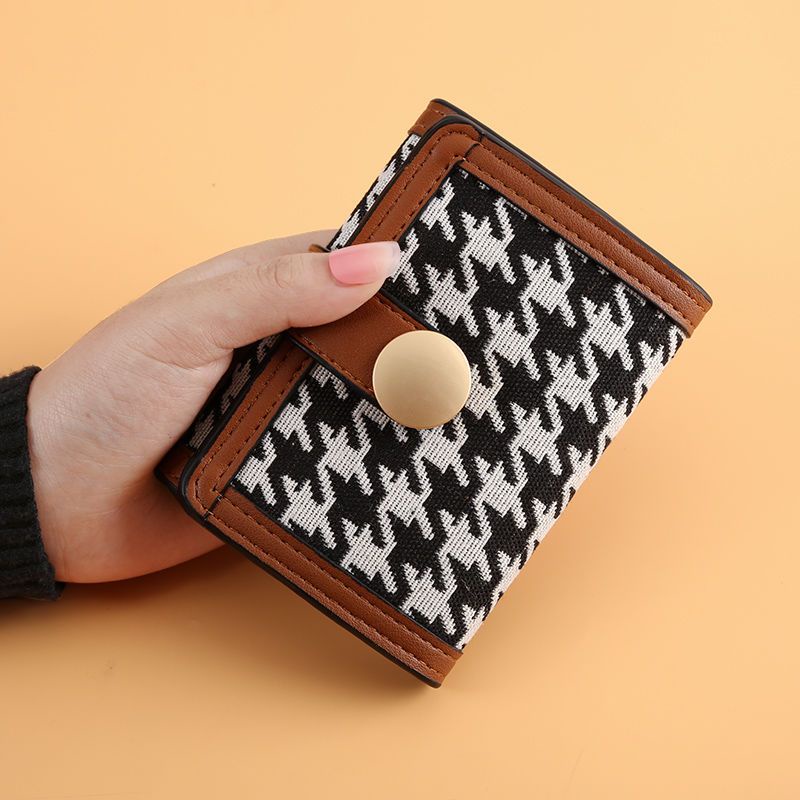 Sera baru kanvas houndstooth dompet kecil wanita paragraf pendek warna kontras lipat klip koin multi-kartu gesper tas genggam panjang