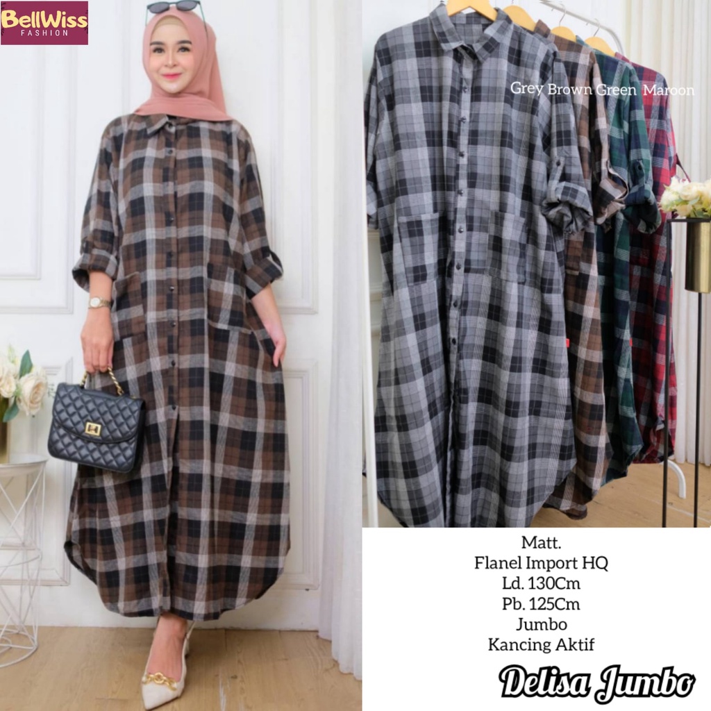 DELISA MIDI JUMBO / 12.6 / BAHAN FLANEL PREMIUM / DRESS JUMBO / LD 130 CM / PB 125 CM / FULL KANCING / BELLWIS