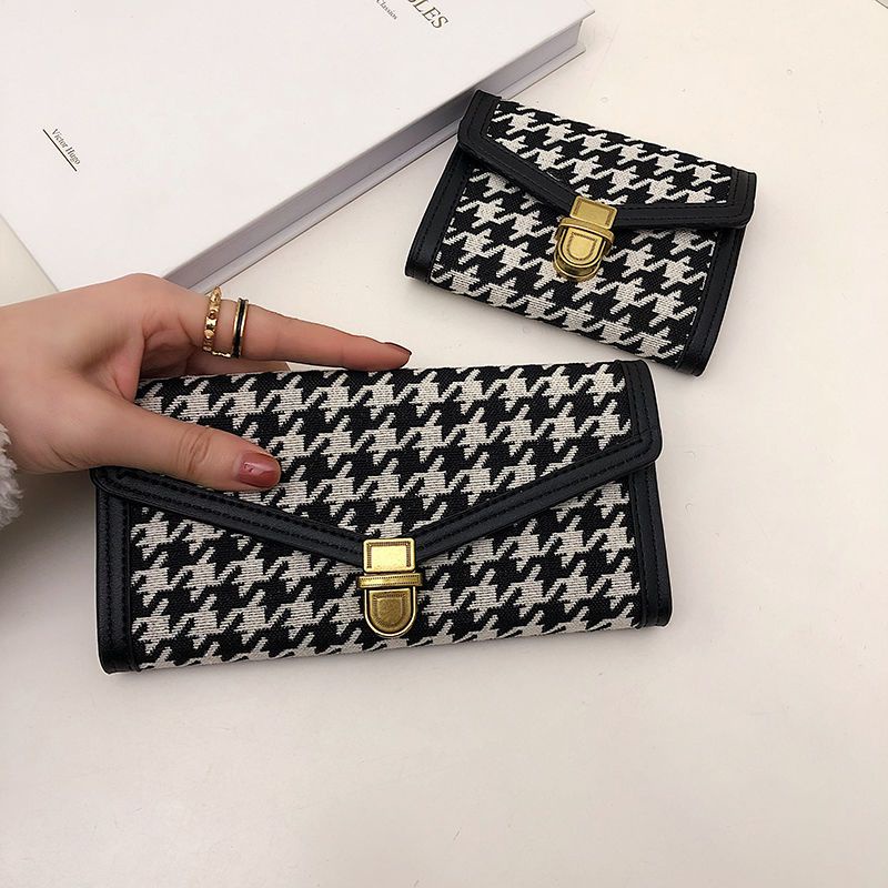 Sera Kecil Dompet Pendek Wanita Dompet Koin Niche Desain 2021 Baru Serbaguna Retro Houndstooth Warna Kontras Lipat Pemegang Kartu