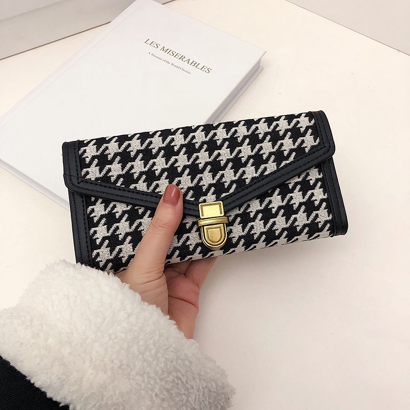 Sera Kecil Dompet Pendek Wanita Dompet Koin Niche Desain 2021 Baru Serbaguna Retro Houndstooth Warna Kontras Lipat Pemegang Kartu