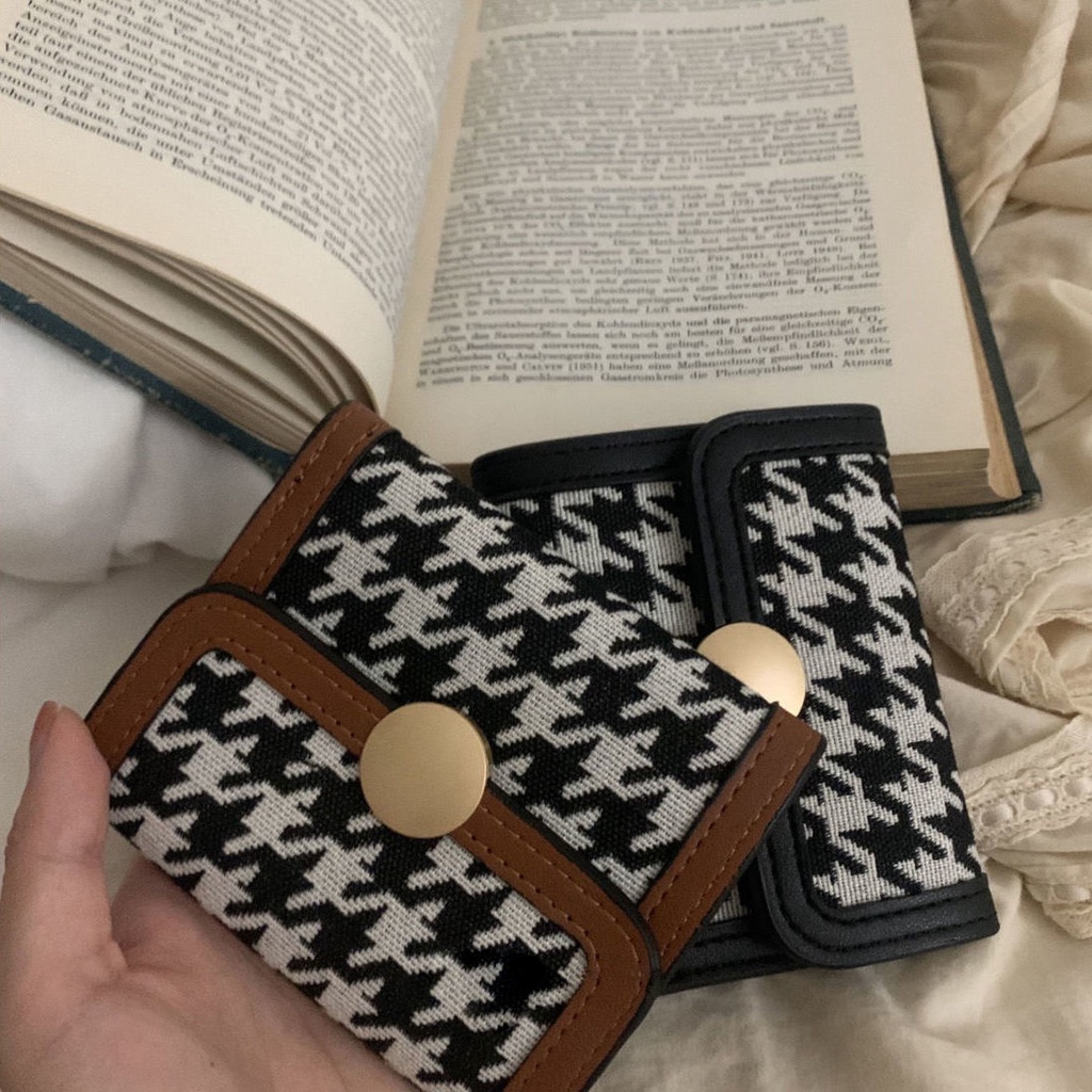 Sera 2021 Retro Kanvas Houndstooth Dompet Kecil Pendek Wanita Gaya Warna Kontras Lipat Multi-Fungsional Klip Koin dengan Beberapa Slot Kartu