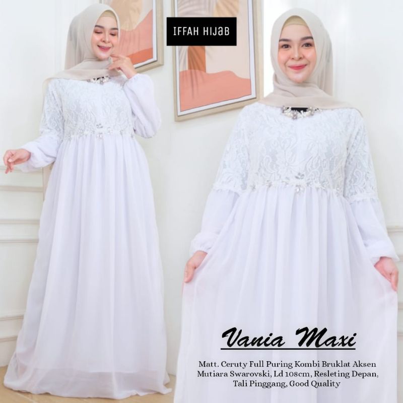 Longdress putih ceruti Vania Maxy baju panjang putih kombi broklat wanita mewah gamis putih muslimah
