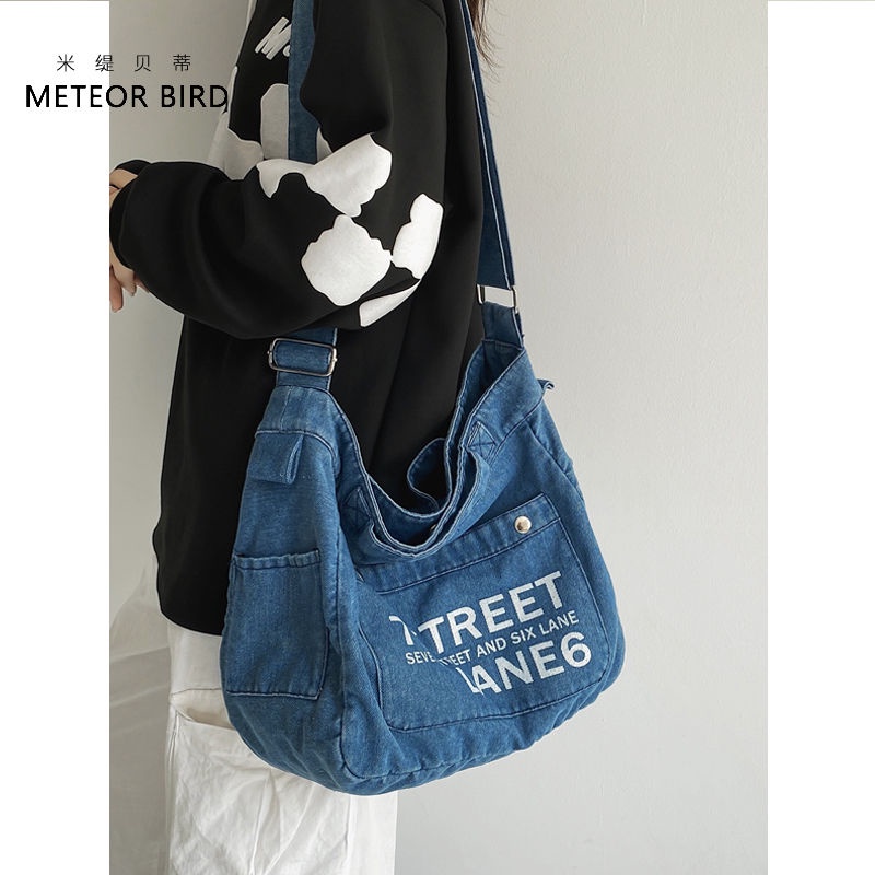 Sera Miti Betty college angin tote ekstra besar tas wanita single bahu Messenger retro denim tas fashion letter printing all-match