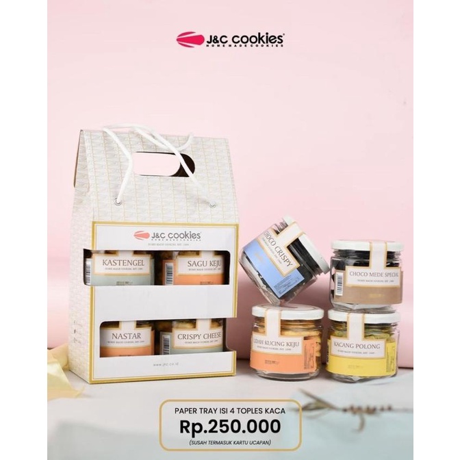 

Sale Now Hampers Kue Kering Jnc Cookies | Paper Tray Toples Kaca J&C - Isi 4 Terbaik