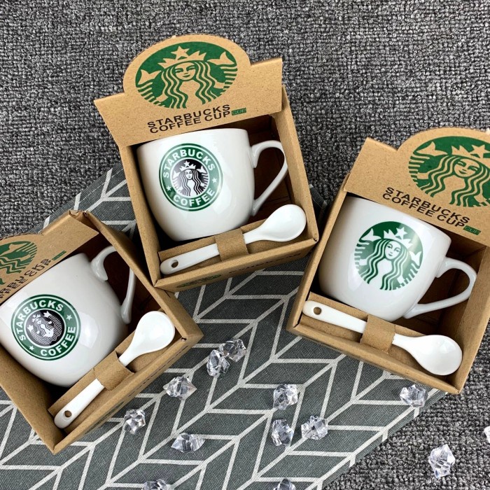 Terlaris Gelas Starbucks Set Mug+Sendok Grosir Souvenir Gelas Keramik Murah