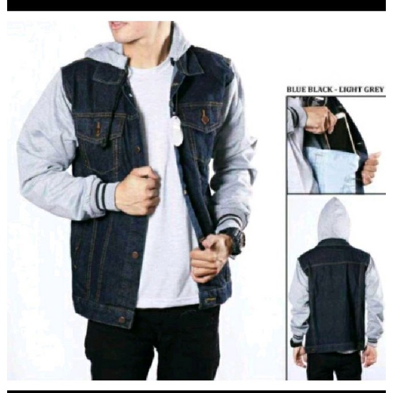 Jaket jeans denim boy hoodie hitam double sleeting