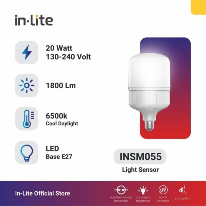 lampu led INLITE Lampu LED Bulb Tabung Kapsul Sensor Cahaya INBC002 20W Putih(K4K3) lampu led aquari
