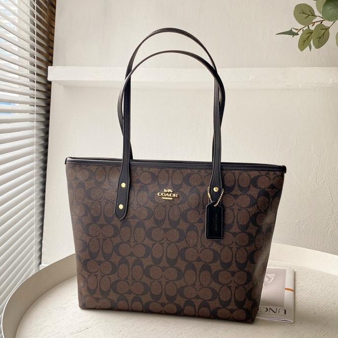 Coach City Zip Tote Top Signature Original import F58292 Tas Wanita -  Black Brown
