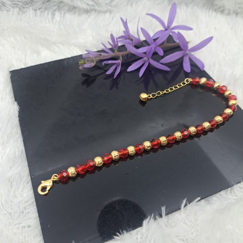 Gelang Kristal Merah bulat Yaxiya lapis emas anti karat