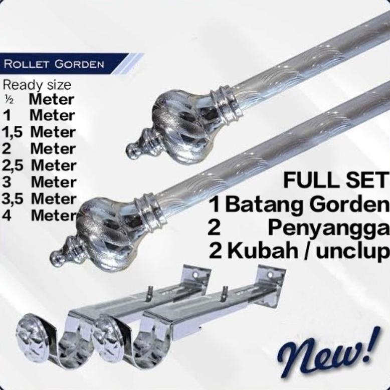 Baru Batang Gorden 1.5 Meter Full set SILVER Tiang Tongkat Rolet / Rollet Hordeng Korden Besi Hordyn