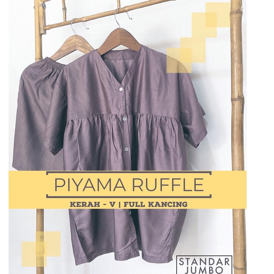 Serbu Spesial Piyama Rayon Jumbo Ruffle Rempel Full Kancing Hidup Lengan Pendek Setelan Kerah V Neck