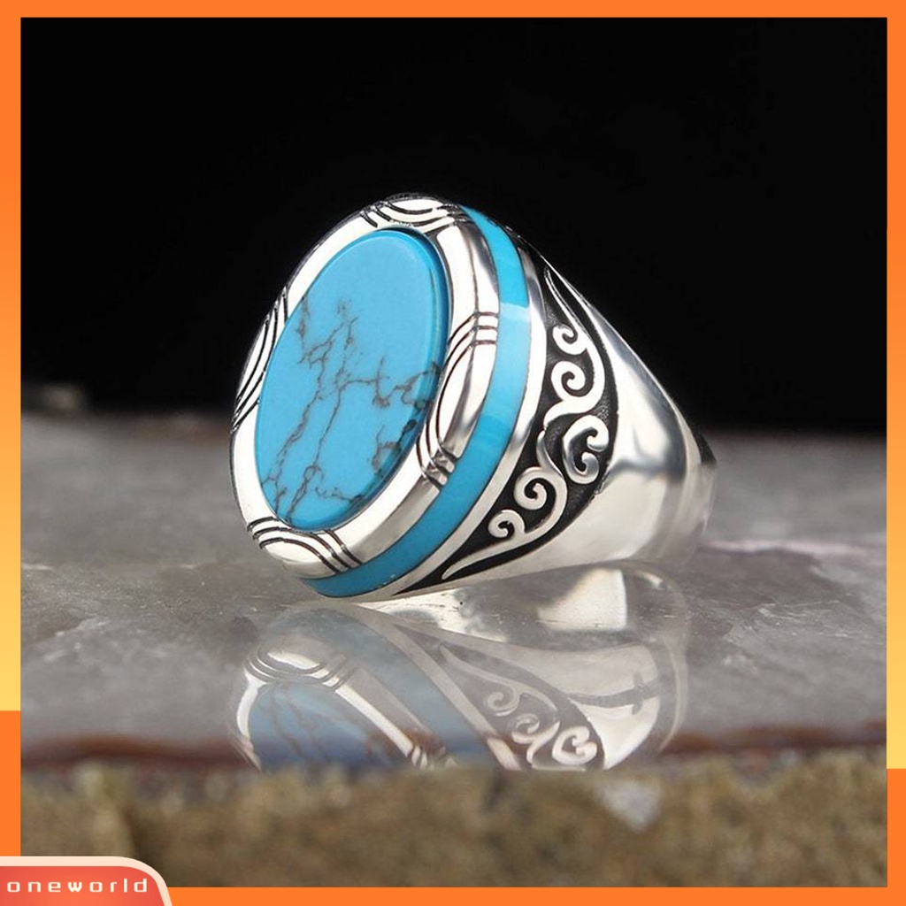 Perhiasan Cincin Pria Model Lebar Motif Ukir Hias Turquoise Imitasi Gaya Punk Retro