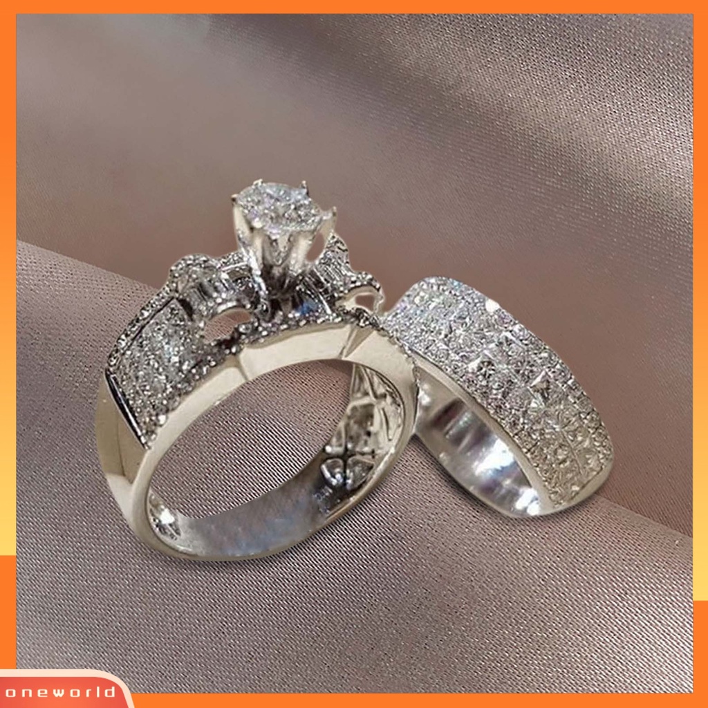 {oneworld} 2pcs/set Lebar Sederhana Cincin Pasangan Paduan Bertatahkan Berlian Imitasi Bersinar Pernikahan Band Perhiasan Fashion